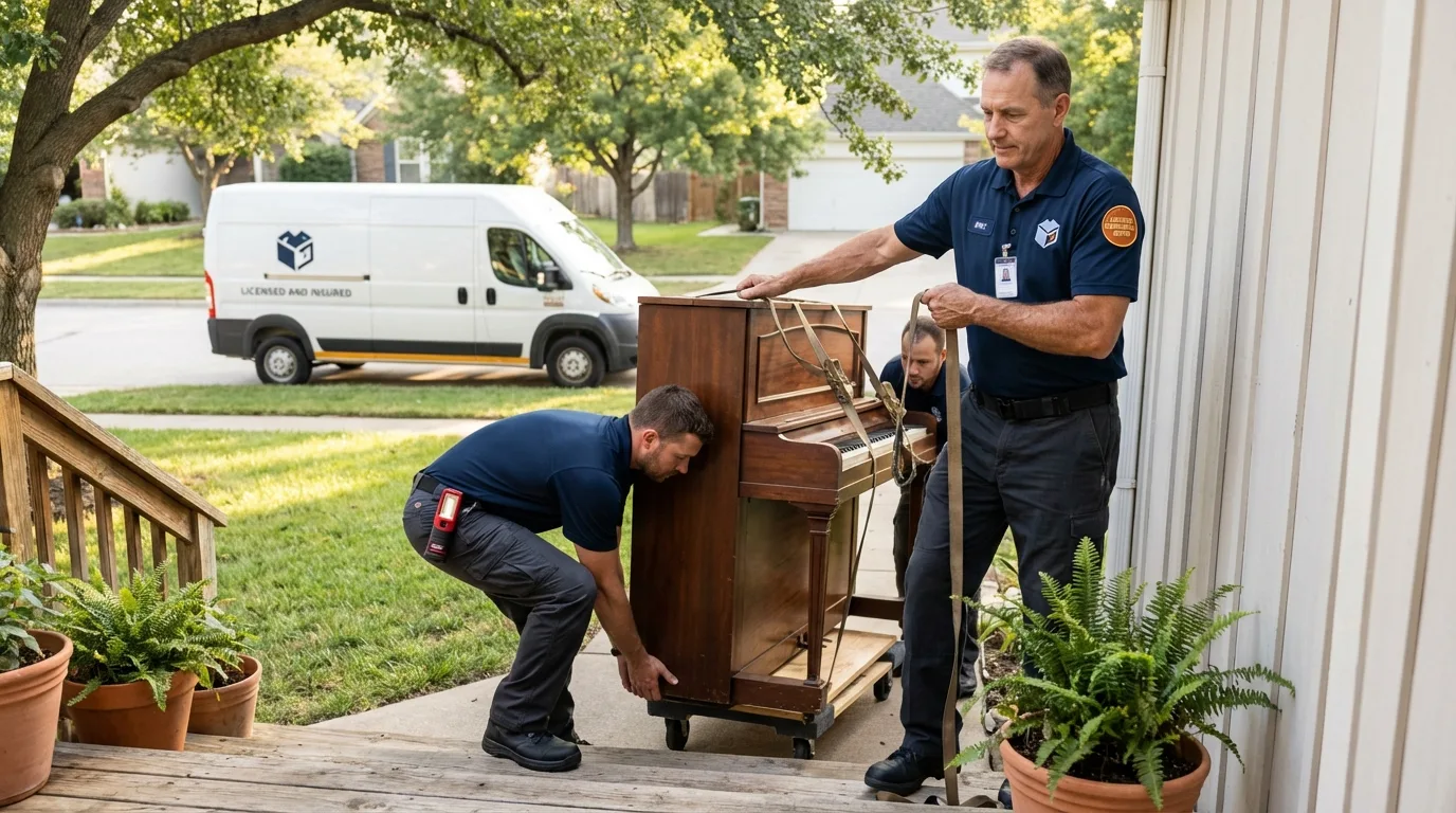 Licensed piano movers securing grand piano in Wales, WI