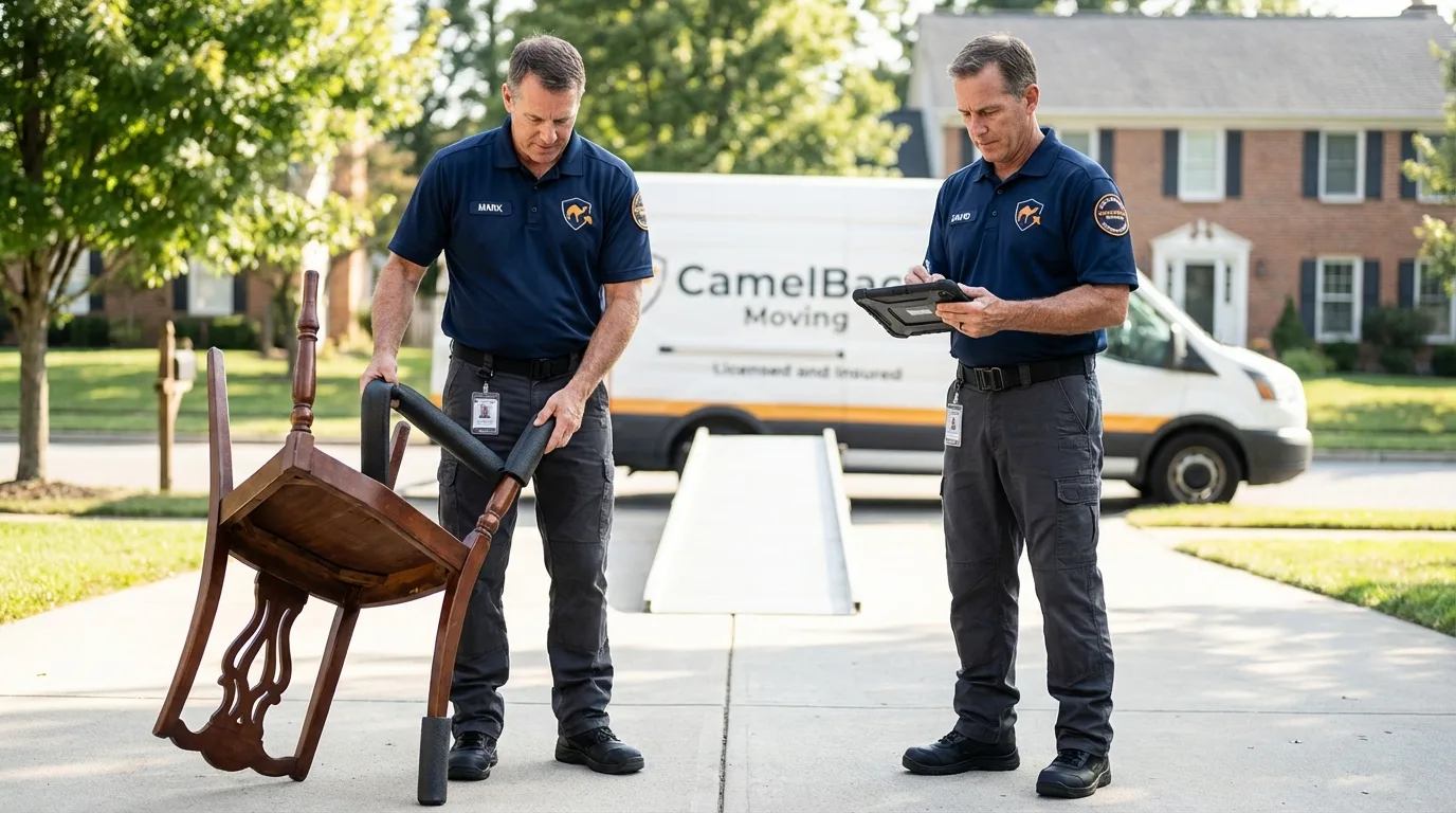 Movers inspecting furniture for damage prevention before loading in Wales, WI